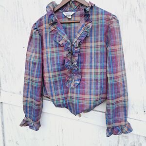 Vtg Cottage Core 70s 80s Prairie Plaid Ruffle Western Preppy Blouse 42 XL 1x